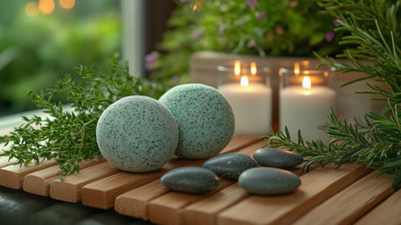 A tranquil arrangement featuring green bath bombs, smooth stones, and candles on a wooden surface amidst lush greenery, promoting relaxation and self-care.の素材