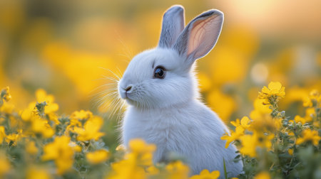 A fluffy white rabbit sits amidst a field of bright yellow flowers, capturing the essence of spring in a serene garden setting during the daytime.の素材