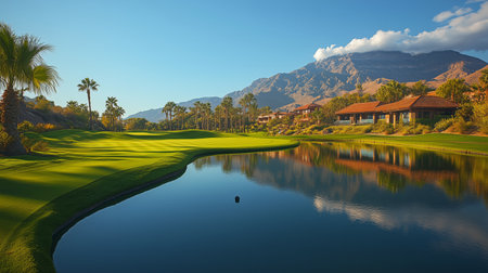 Lush green fairways curve alongside a calm lake reflecting mountains and palm trees, creating a serene atmosphere perfect for golfing on a bright sunny day.の素材