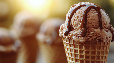 Scoops of chocolate ice cream topped with creamy chocolate syrup are presented in waffle cones, basking in the warm glow of the summer sun, creating a delightful treat.の素材