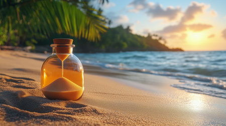 Hourglass rests on warm sand, golden light of sunset reflecting off the water, waves gently lapping the shore, and palm trees softly swaying in the background.の素材