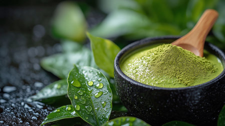A bowl filled with vibrant green matcha powder sits among fresh tea leaves, reflecting moisture on a dark surface.の素材