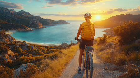 A cyclist navigates a winding path alongside a stunning coastline at sunset, surrounded by mountains and sparkling waters reflecting orange hues.の素材