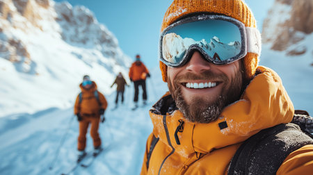 A group of skiers climbs up a snow-covered slope in the mountains under a clear blue sky. They wear bright winter clothing and protective gear to stay warm and safe.の素材