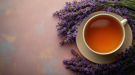 A soothing cup of herbal tea is surrounded by vibrant lavender flowers on a soft pastel surface, creating a calming and inviting atmosphere perfect for relaxation.の素材