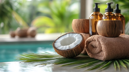 A tranquil spa arrangement featuring coconut halves, amber bottles, and soft towels next to a calm swimming pool surrounded by lush greenery.の素材
