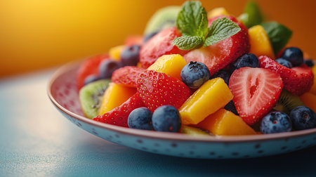 A vibrant bowl of mixed fruits featuring strawberries, blueberries, kiwi, and mango garnished with mint leaves sits on a teal table against a warm background.の素材