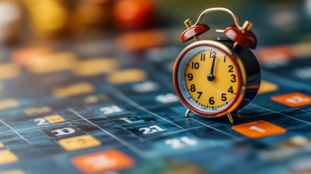 An antique alarm clock sits prominently on a vibrant calendar featuring various numbers and symbols, creating an inviting atmosphere. The warm lighting enhances the charm of the scene.の素材