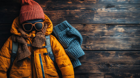Bright orange winter jacket with layers of warm accessories including a knitted hat, sunglasses, and scarf arranged on a rustic wooden surface.の素材