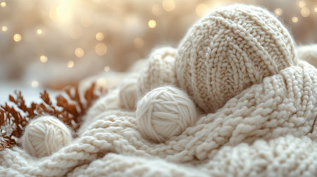 Various white knitted wool balls rest on a textured fabric, surrounded by soft blurred lights, creating a warm and inviting winter atmosphere perfect for crafting.の素材