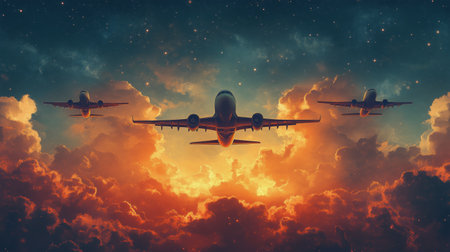 Three airplanes fly high against a backdrop of colorful clouds illuminated by a stunning sunset. The sky radiates warm hues creating a breathtaking atmosphere.の素材