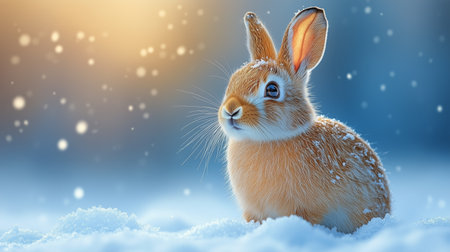A group of fluffy white rabbits is seen sitting on the snow-covered ground in a serene forest. The rabbits appear curious and alert, blending into their winter environment.の素材