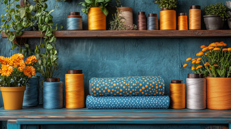 Colorful spools of thread and potted plants are neatly displayed on a blue wooden shelf. A stack of patterned fabric sits below, adding a vibrant touch to the workspace.の素材