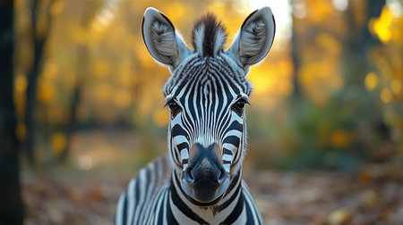 A zebra gazes directly at the viewer with its distinctive black and white stripes, surrounded by warm autumn colors in the background at a tranquil location.の素材