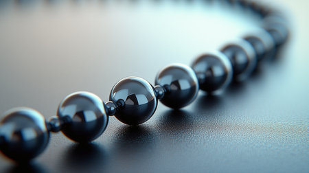 A string of polished black beads is neatly arranged on a glossy surface. The beads reflect light beautifully, highlighting their smooth texture and intricate design.の素材