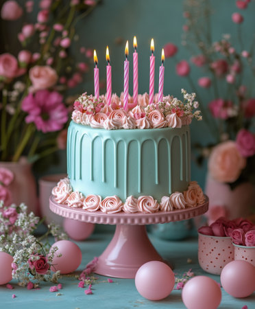 A beautifully decorated birthday cake features pastel blue icing and pink roses, surrounded by fresh flowers and festive decor, creating a cheerful celebration atmosphere.の素材