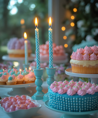 A beautifully decorated birthday cake features pastel blue icing and pink roses, surrounded by fresh flowers and festive decor, creating a cheerful celebration atmosphere.の素材