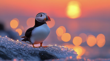 A puffin perched on a rock near the ocean at sunset. The sun creates a warm glow, while the waves shimmer softly with bokeh lights in the background, enhancing the tranquil atmosphere.の素材