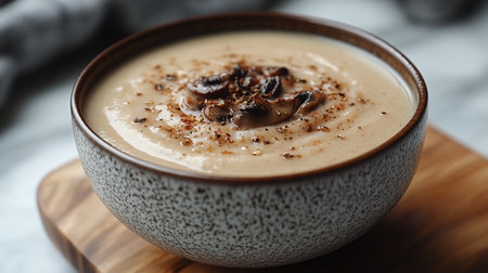A warm bowl of creamy soup is topped with sprinkled spices and placed on a wooden tray. The cozy kitchen ambiance creates an inviting atmosphere, perfect for a comforting meal.の素材