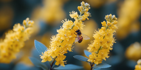 A bee is actively gathering nectar from bright yellow flowers in a lush garden during a sunny day. The vibrant blooms create a lively and colorful atmosphere.の素材