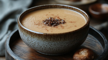 A warm bowl of creamy soup is topped with sprinkled spices and placed on a wooden tray. The cozy kitchen ambiance creates an inviting atmosphere, perfect for a comforting meal.の素材