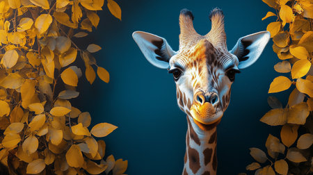 A curious giraffe peeks through vibrant foliage as the sun sets, casting a warm glow on its distinctive features and the surroundings.の素材