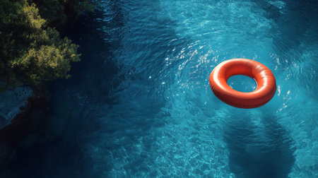 A vibrant orange pool float rests in crystal clear blue water surrounded by greenery. Sunlight reflects off the surface, creating a tranquil atmosphere perfect for relaxation.の素材