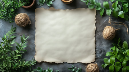 A piece of rustic blank paper is placed at the center, surrounded by various green leaves and decorative twine on a textured surface, creating a natural and inviting atmosphere.の素材