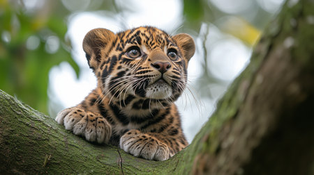 A playful leopard cub is perched on a thick tree branch, gazing curiously at its surroundings in a vibrant jungle setting. Sunlight filters through the leaves above.の素材