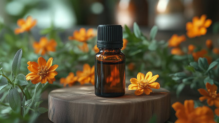 Three bottles filled with golden liquid stand among vibrant blueberries and sliced fruits, creating a colorful and aromatic display on a rustic wooden surface.の素材