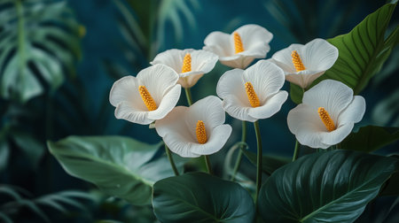 Four white flowers with orange centers are surrounded by vibrant green leaves in a tropical garden. Sunlight filters through the canopy, creating a serene atmosphere.の素材