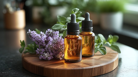 Three bottles filled with golden liquid stand among vibrant blueberries and sliced fruits, creating a colorful and aromatic display on a rustic wooden surface.の素材