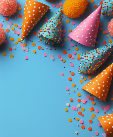 Festive party hats in vibrant colors, scattered confetti, and fluffy pom poms convey a cheerful celebration on a bright blue surface, perfect for parties and events.の素材