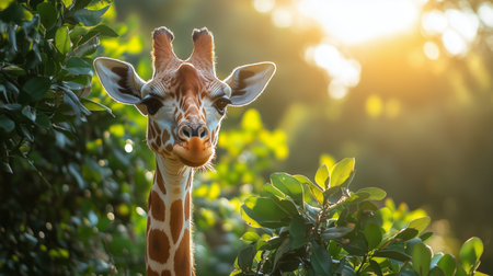 A curious giraffe peeks through vibrant foliage as the sun sets, casting a warm glow on its distinctive features and the surroundings.の素材