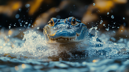 A large crocodile surfaces in murky water, showing its textured skin and sharp teeth. Dark clouds gather overhead, creating a dramatic atmosphere at the riverbank.の素材