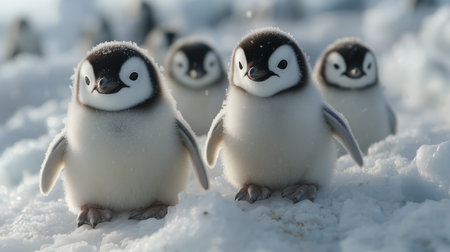 A group of adorable penguin chicks is waddling through a snow-covered landscape, surrounded by icy terrain, showing their playful nature in the cold.の素材