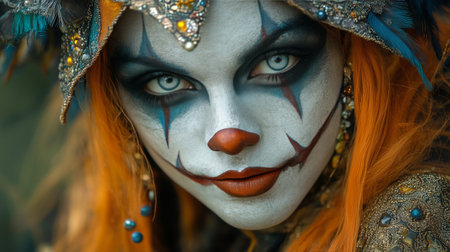 A clown showcases elaborate face paint and a striking costume, featuring vivid colors and detailed accessories, at a lively outdoor festival in the late afternoon.の素材