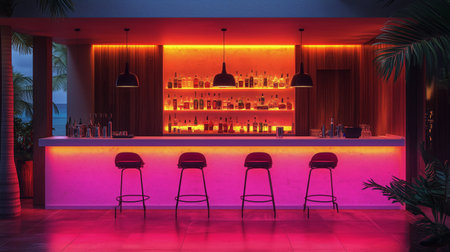 A beach bar with neon lights sits along the shore, surrounded by palm trees and rocky formations as sunset paints the sky in pink and orange hues over tranquil waters.の素材