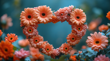 A decorative heart-shaped arrangement features vibrant orange roses surrounded by lush green leaves on a contrasting teal background, creating a joyful display of nature's beauty.の素材