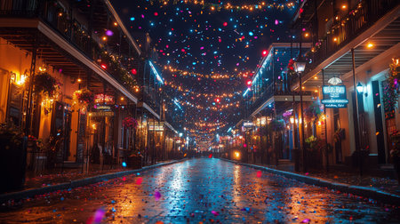 A lively street is illuminated by bright, colorful lights, creating a festive atmosphere. Reflections in puddles enhance the vibrant scene in this energetic neighborhood.の素材