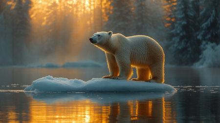 A large polar bear stands majestically on a patch of ice surrounded by a serene arctic landscape. Soft sunlight filters through trees, creating a tranquil atmosphere.の素材