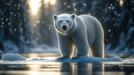 A large polar bear stands majestically on a patch of ice surrounded by a serene arctic landscape. Soft sunlight filters through trees, creating a tranquil atmosphere.の素材
