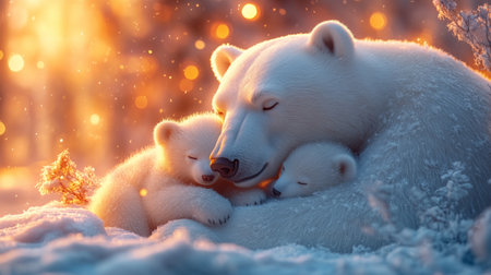 A polar bear mother lovingly embraces her two cubs in a serene winter setting. Soft snowflakes fall around them as they enjoy a peaceful moment together under a warm glow.の素材