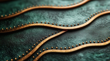 A striking wall decoration showcases a fluid gold design against a rich green background. This artistic element enhances the ambiance of the modern interior.の素材