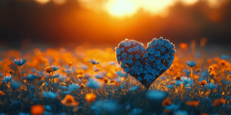 A heart-shaped arrangement of flowers glows in a colorful meadow as the sun sets on the horizon, creating a warm and romantic atmosphere filled with vibrant blooms.の素材