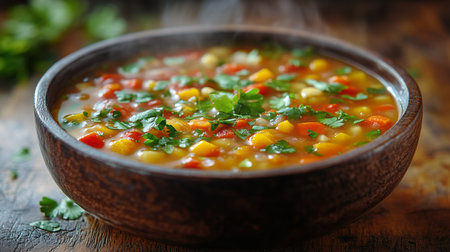 A rich vegetable soup is freshly prepared in a rustic bowl, featuring vibrant vegetables, herbs, and steam rising from the warm dish, ready to be enjoyed on a cool day.の素材