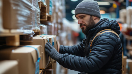 A man in a red beanie and blue jacket carefully organizes boxes in a bustling warehouse. The warm lighting creates a focused atmosphere as evening approaches.の素材