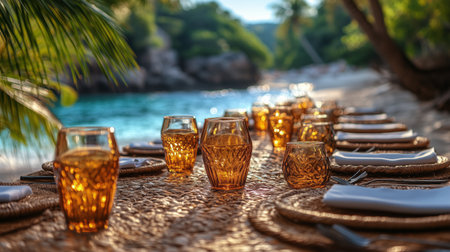 A beautifully arranged table set with glasses and plates awaits guests by a clear turquoise beach, illuminated by the warm glow of the setting sun amidst lush greenery.の素材