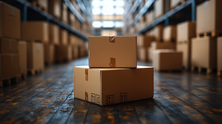 Multiple cardboard boxes are neatly stacked in a spacious storage facility filled with shelves, showing an orderly environment during daytime.の素材