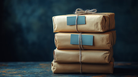 A collection of neatly wrapped brown packages tied with twine sits on a wooden table, illuminated by soft morning light, indicating preparation for shipment or gift giving.の素材